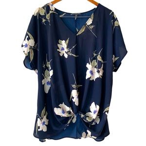 West Kei Allura Front Tie Floral Blouse V Neck Size XL Navy Blue